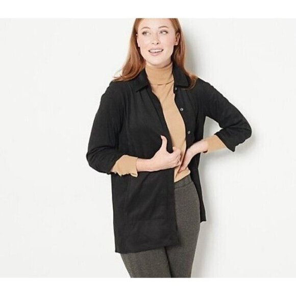 Susan Graver Petite Faux Suede Button-Front Shirt Jacket Black Petite 2X - Picture 1 of 1